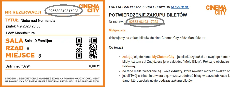 Numer rezerwacji na bilecie i w potwierdzeniu